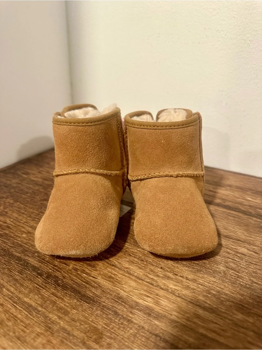 UGG Baby Chestnut Suede Booties with Pink Ribbon Accents, 2-3